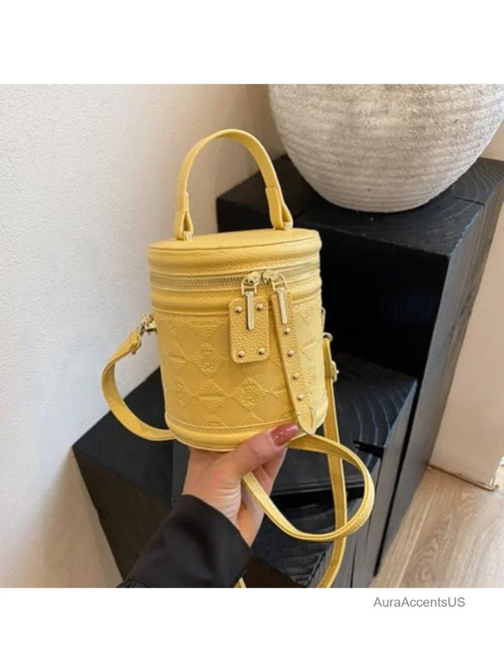 Mini Bucket Crossbody Bag Vegan Leather Quilted Cylinder Purse Handbag